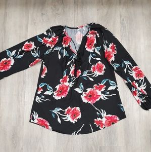 Black Long Sleeved Blouse With Red Flowers Tassell